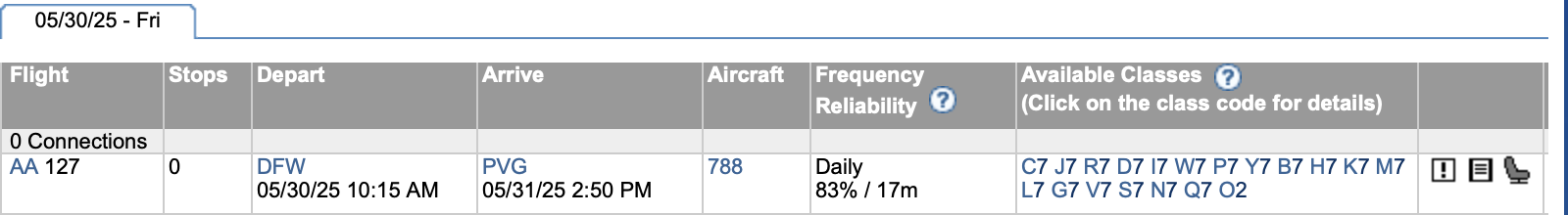 American Airlines Fare Class Availability DFW-PVG - May 30, 2025